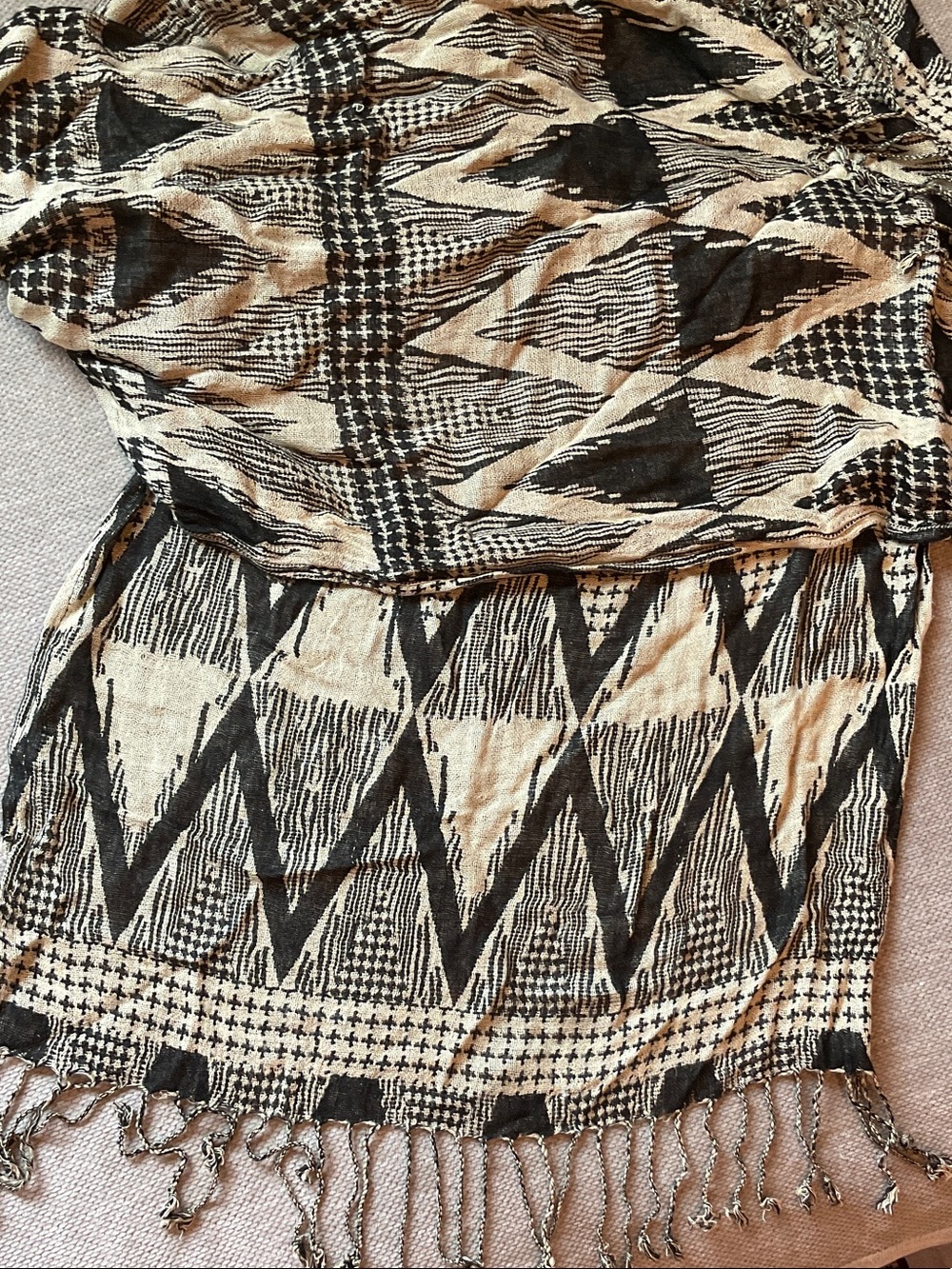 Neutral Black and Cream Geometric Print Scarf with Tassles